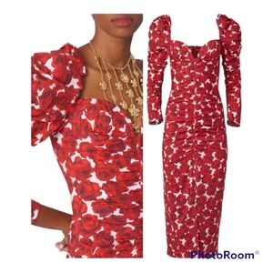 NWOT Carolina Herrera Rose-Print Puff-Sleeve Ruched Midi Dress - BCI Cotton